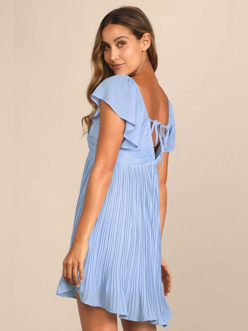 NEW Lulus Amalfi Coast Light Blue Pleated Flutter Sleeve Mini Dress, Medium - Picture 4 of 14
